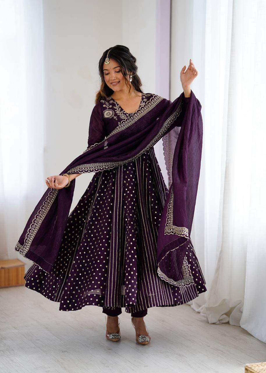 Prazu Fashion Dark Purple Crunchy Silk Embroidered Sequence Anarkali Gown