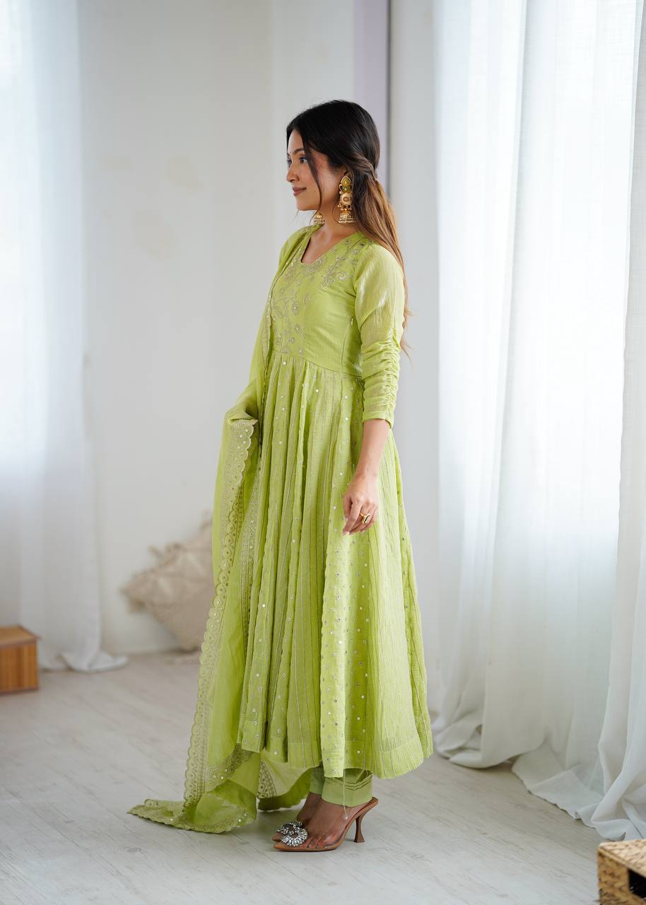 Prazu Fashion Lime Green Crunchy Silk Embroidered Sequence Anarkali Gown