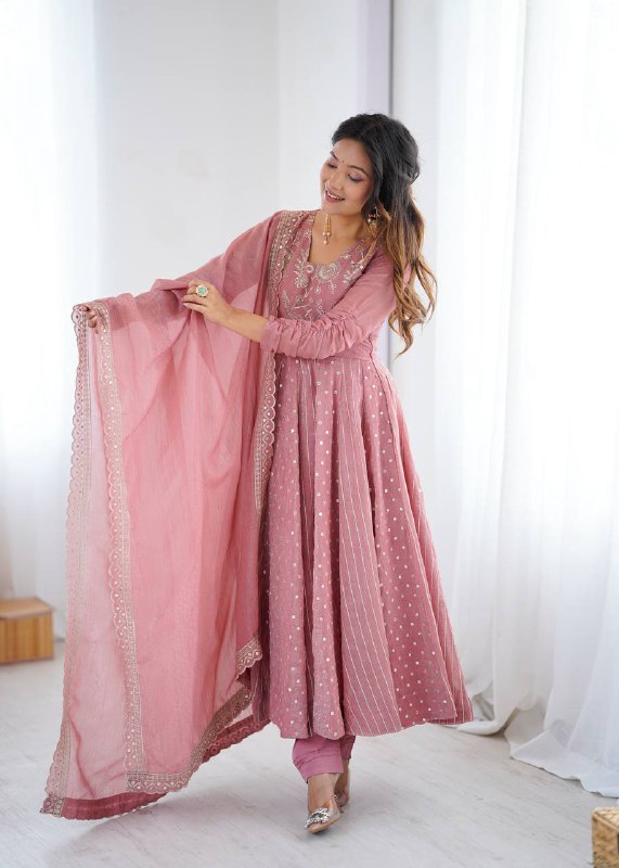 Prazu Fashion Onion Pink Crunchy Silk Embroidered Sequence Anarkali Gown