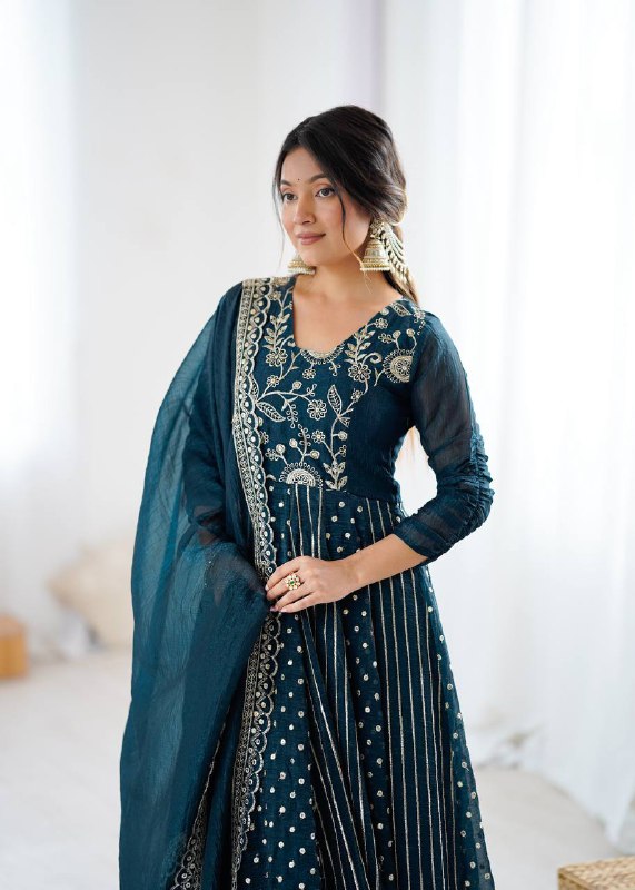 Teal Crunchy Silk Embroidered Anarkali Gown with Gold Work