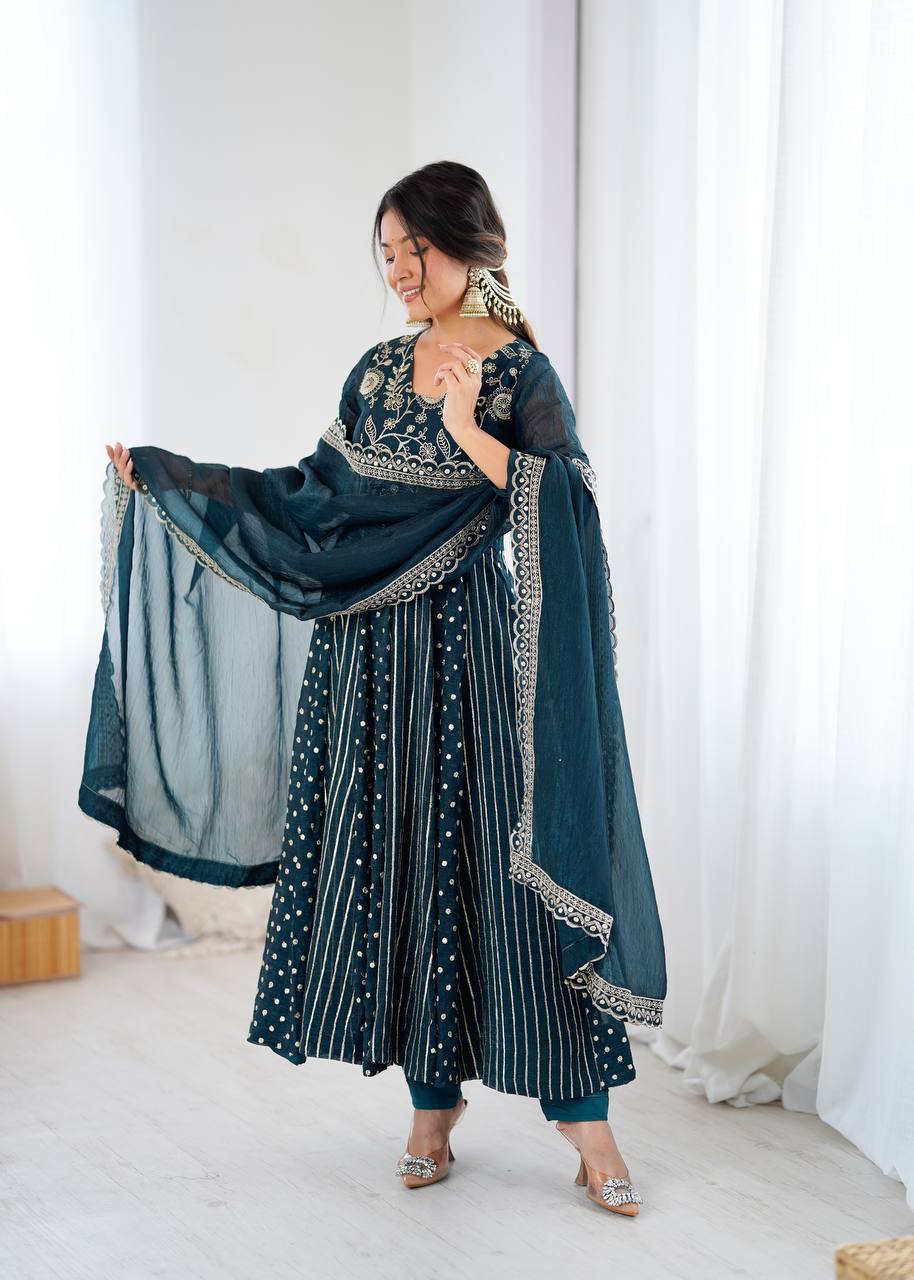 Teal Crunchy Silk Embroidered Anarkali Gown with Gold Work