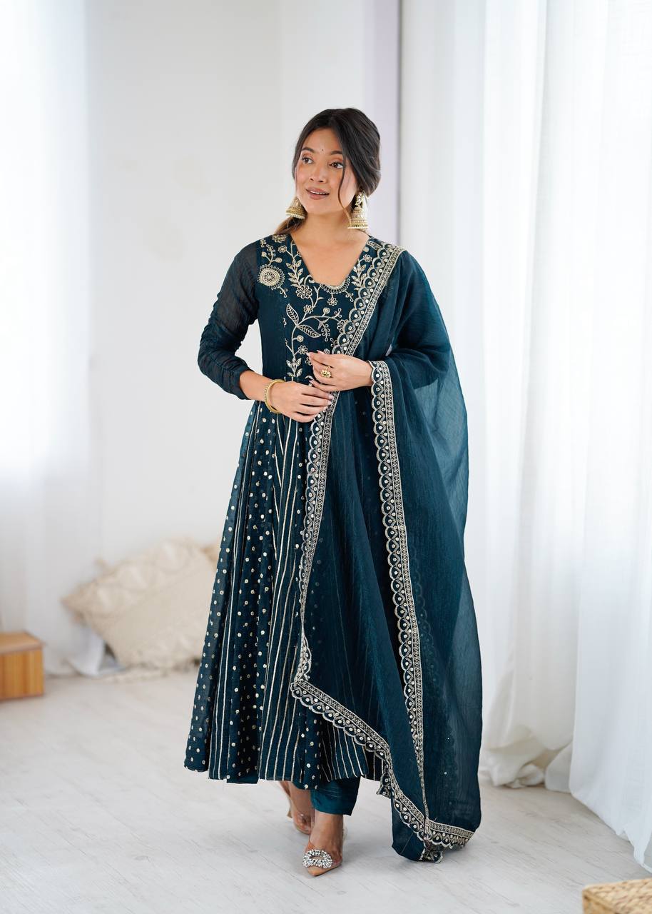 Teal Crunchy Silk Embroidered Anarkali Gown with Gold Work