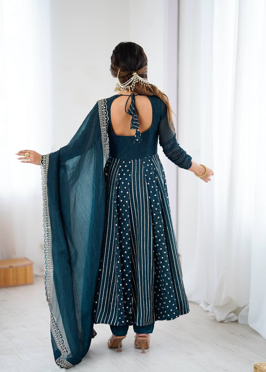 Teal Crunchy Silk Embroidered Anarkali Gown with Gold Work