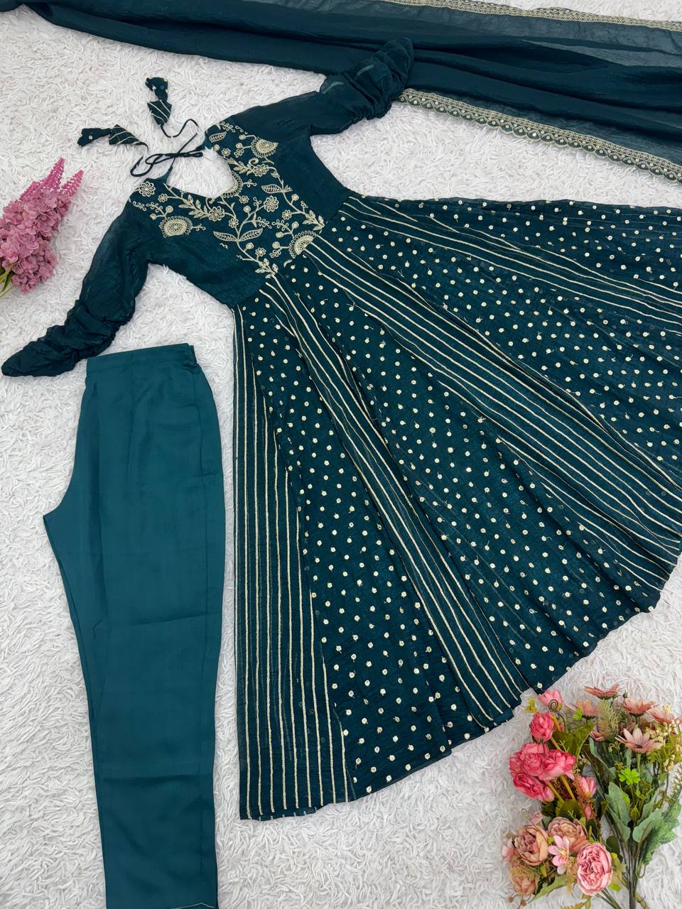 Teal Crunchy Silk Embroidered Anarkali Gown with Gold Work