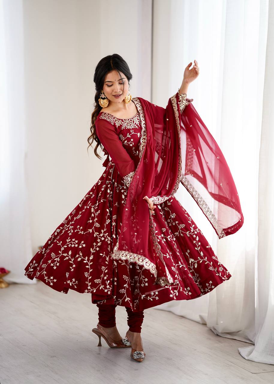 Prazu Fashion Maroon Georgette Embroidered Designer Anarkali Gown