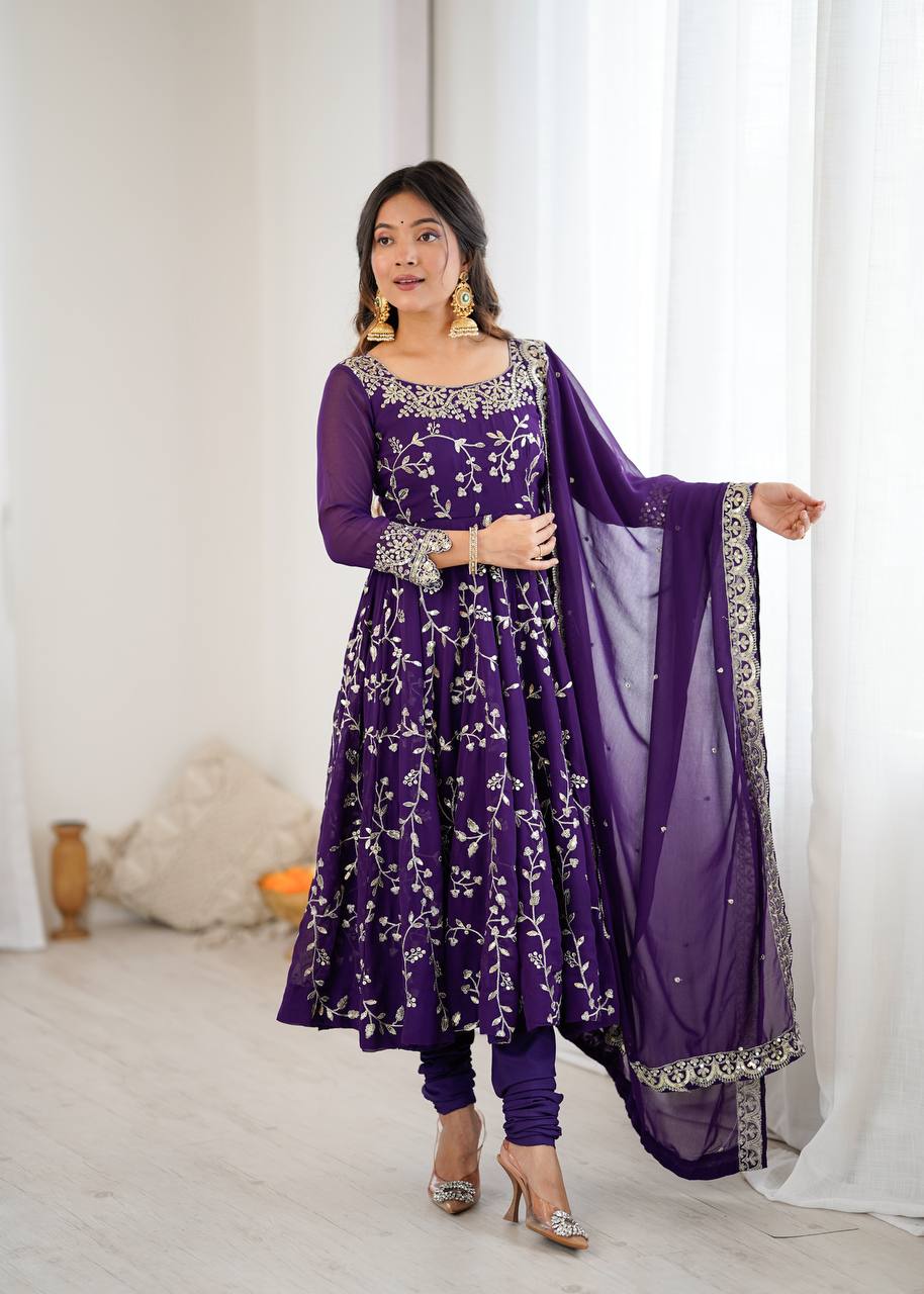 Violet Georgette Embroidered Designer Anarkali Gown