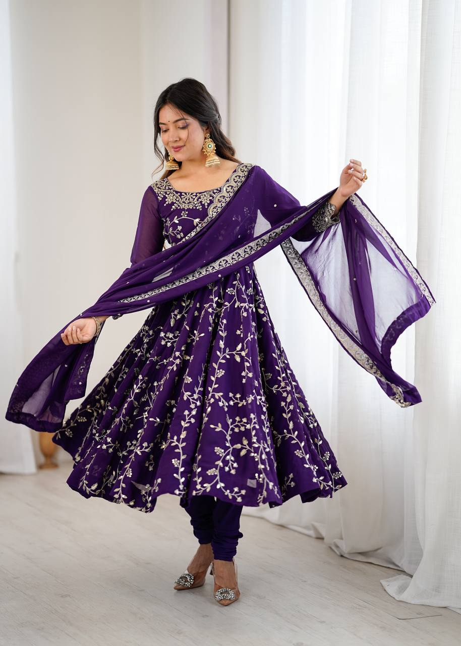 Violet Georgette Embroidered Designer Anarkali Gown