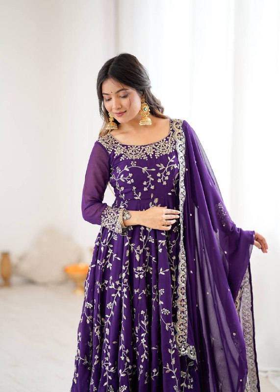 Violet Georgette Embroidered Designer Anarkali Gown