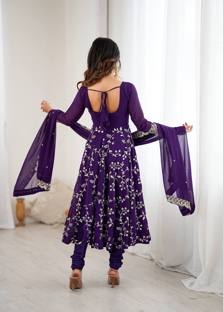Violet Georgette Embroidered Designer Anarkali Gown
