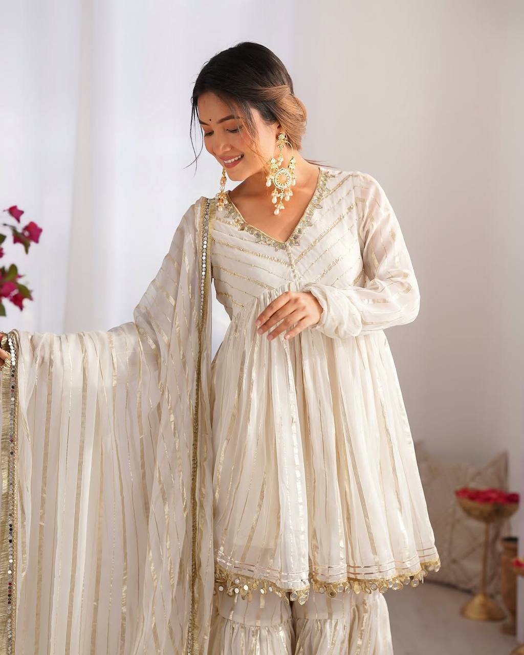 Off White Mal Chanderi Silk Sharara Suit with Real Mirror Work