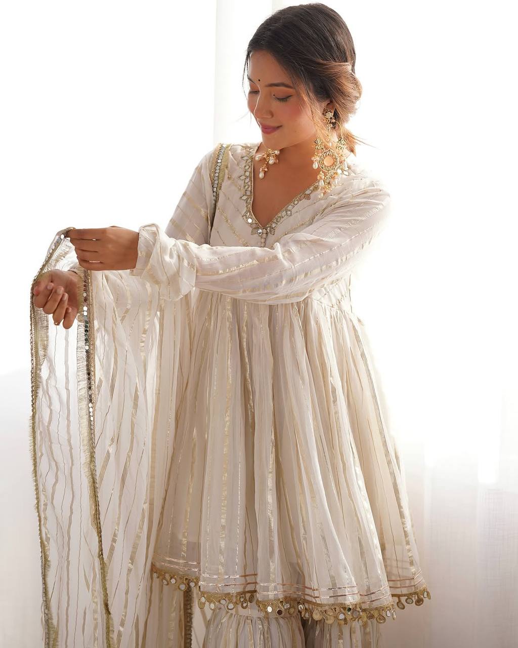 Off White Mal Chanderi Silk Sharara Suit with Real Mirror Work