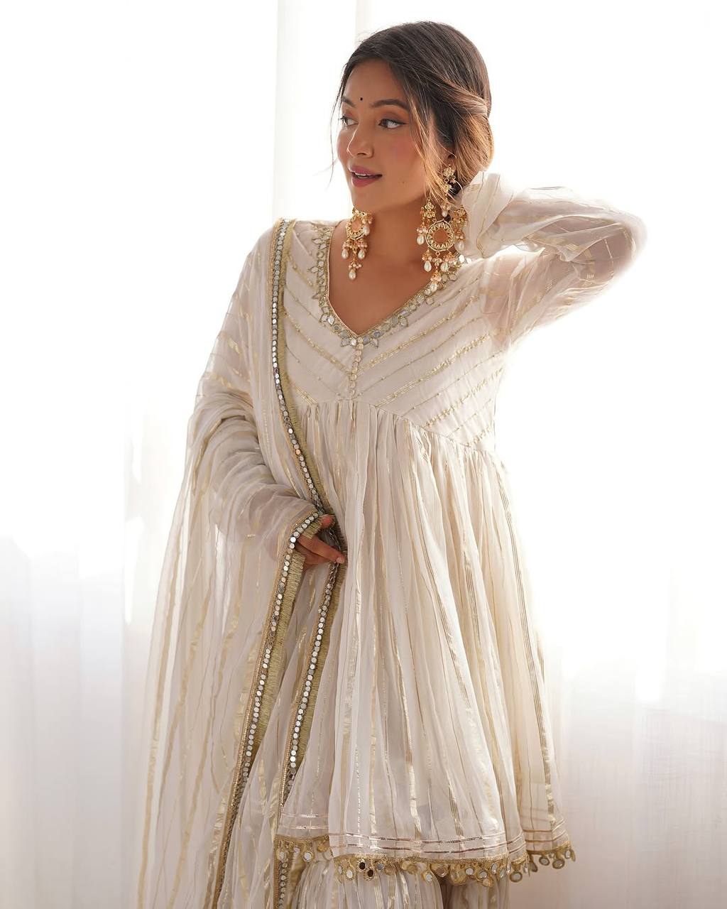 Off White Mal Chanderi Silk Sharara Suit with Real Mirror Work