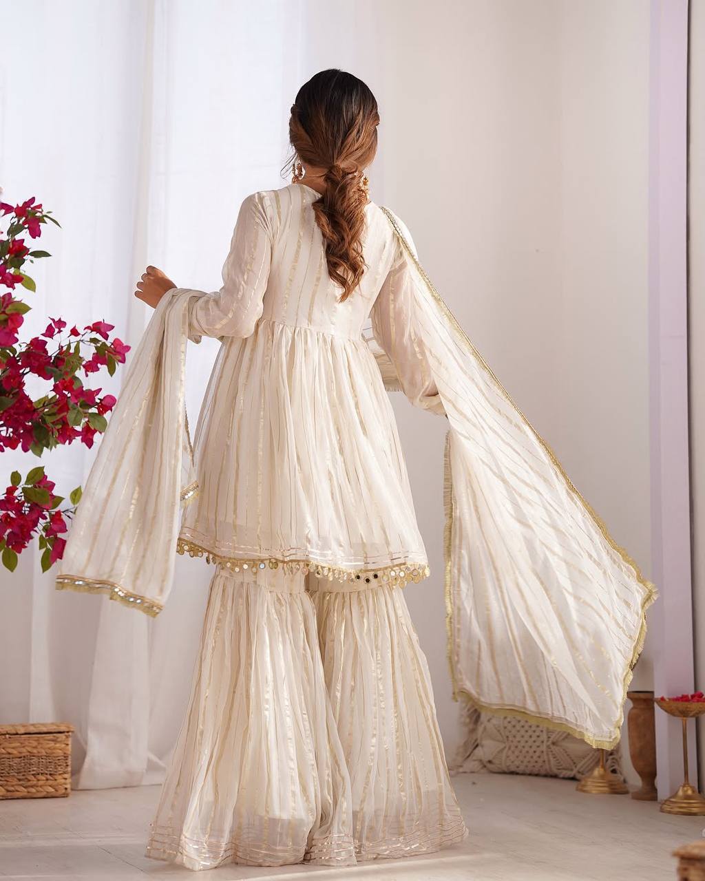 Off White Mal Chanderi Silk Sharara Suit with Real Mirror Work