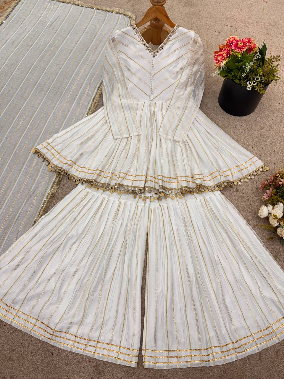 Off White Mal Chanderi Silk Sharara Suit with Real Mirror Work