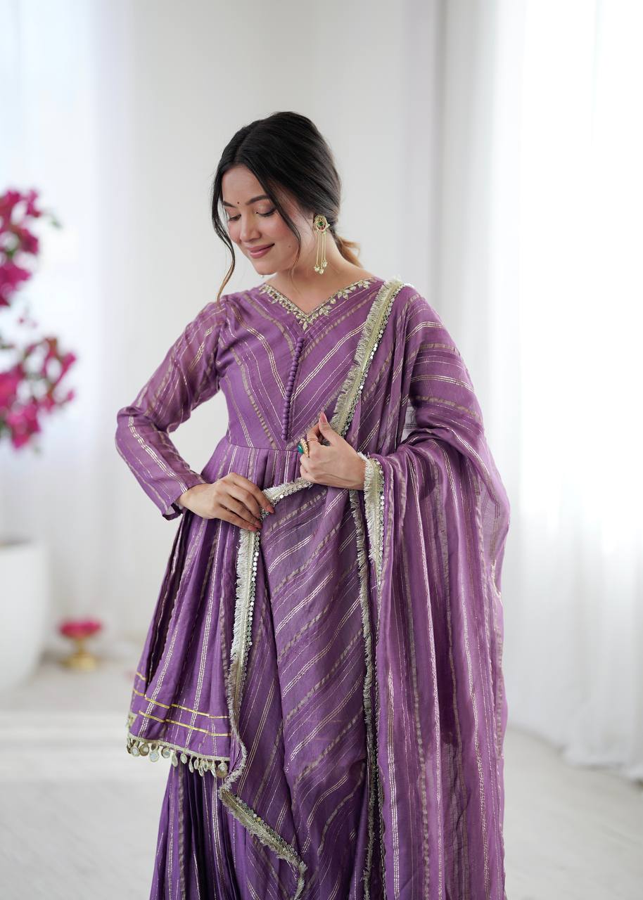 Prazu Fashion Lavender Mal Chanderi Real Mirror With Hand Work Sharara Suit
