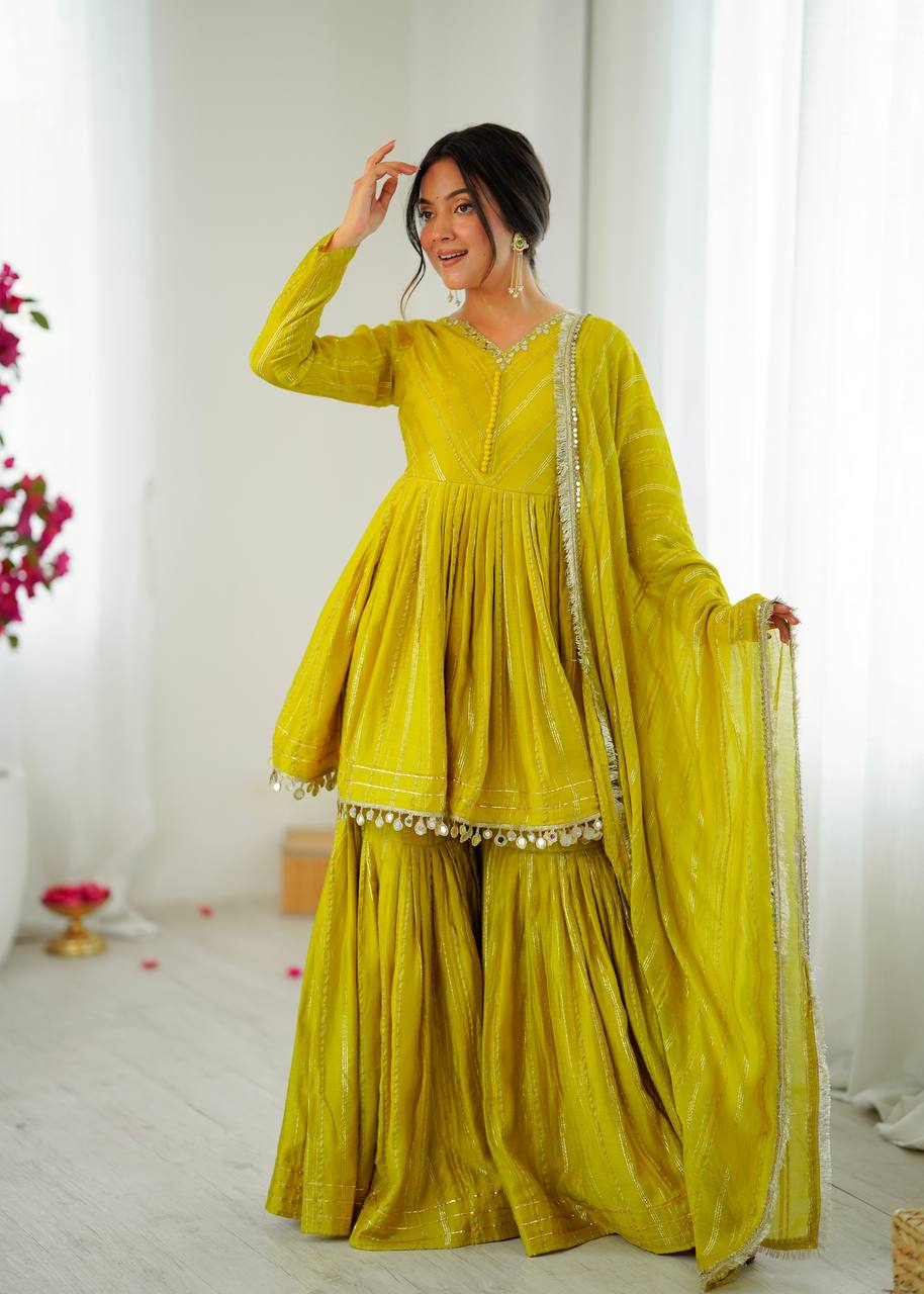 Prazu Fashion Lemon Yellow Mal Chanderi Real Mirror With Hand Work Sharara Suit