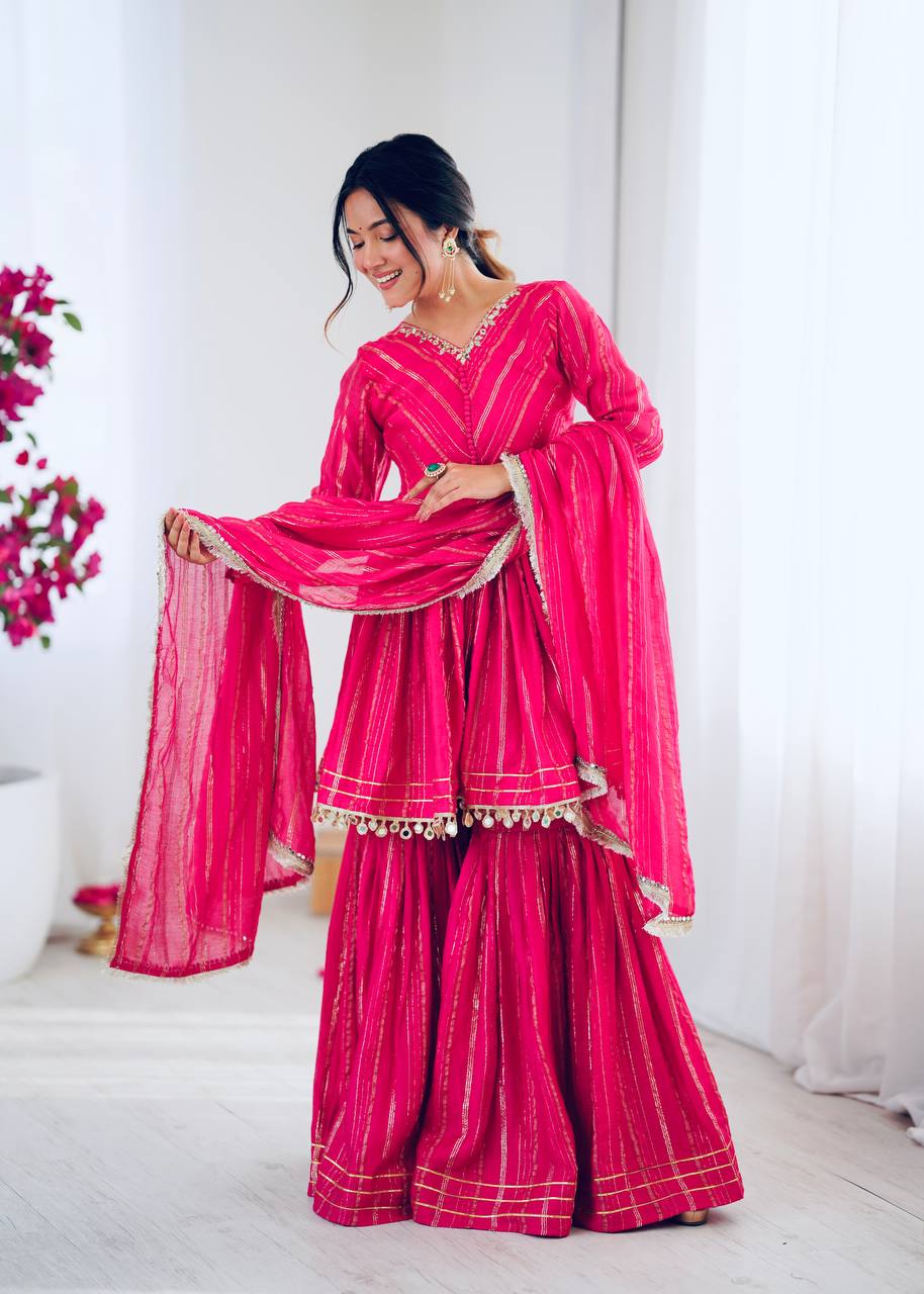 Prazu Fashion Pink Mal Chanderi Real Mirror With Hand Work Sharara Suit