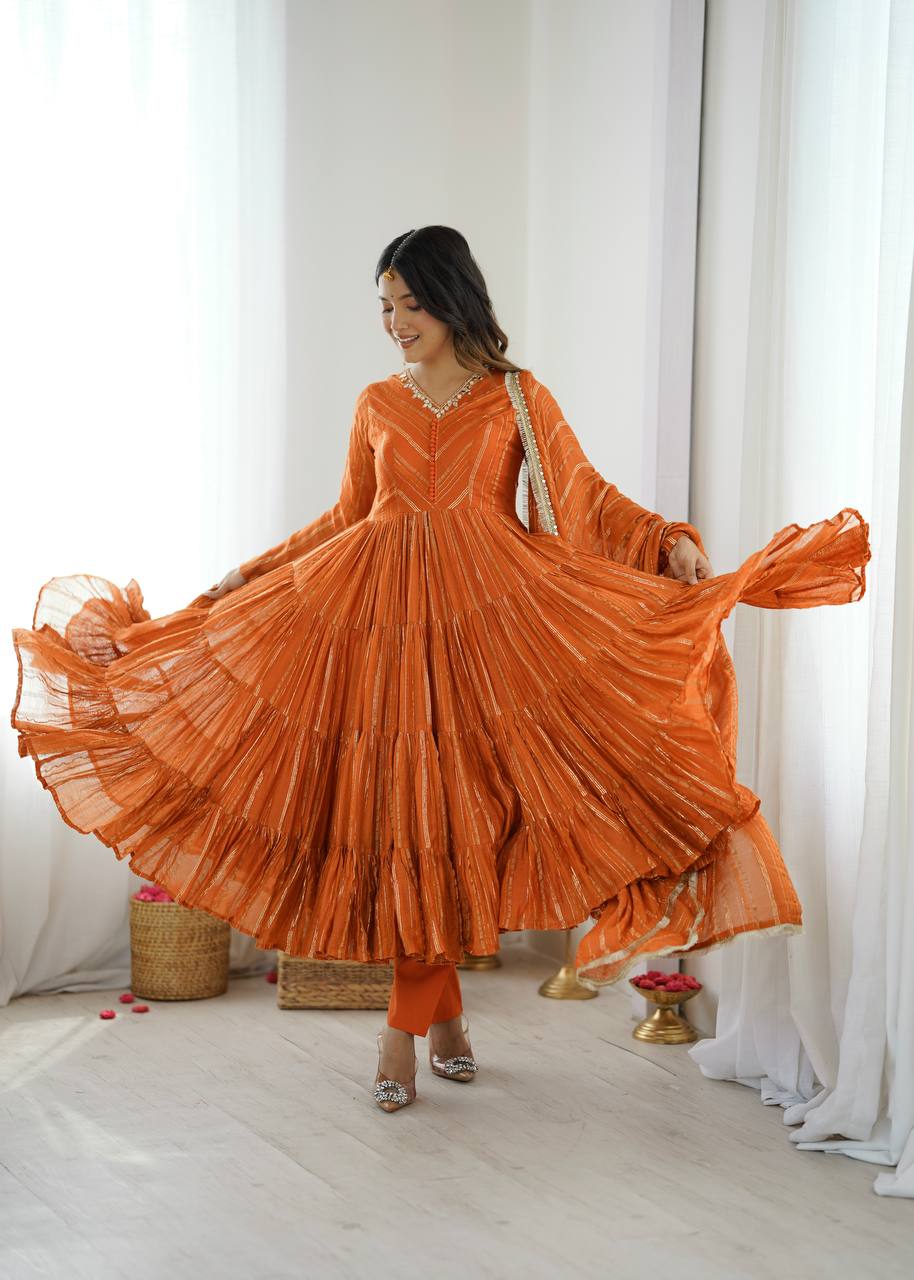 Orange Mal Chanderi Silk Anarkali Suit with Real Mirror Work