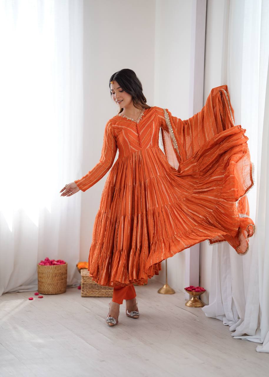 Orange Mal Chanderi Silk Anarkali Suit with Real Mirror Work