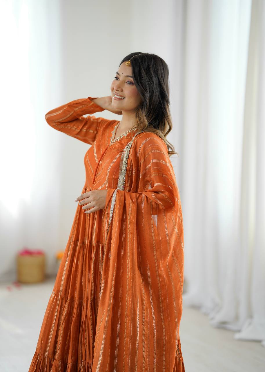 Orange Mal Chanderi Silk Anarkali Suit with Real Mirror Work