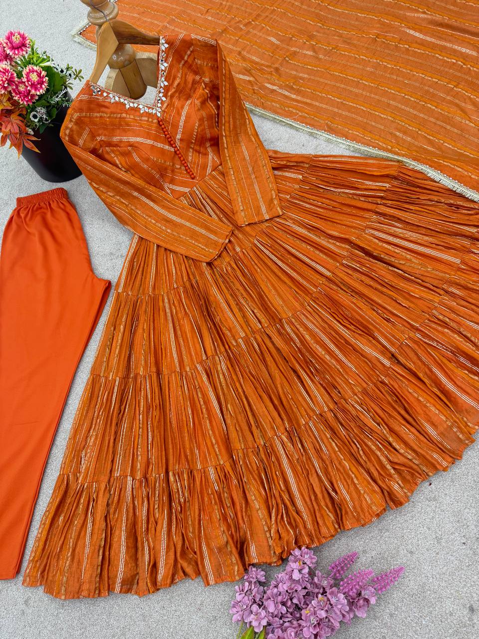 Orange Mal Chanderi Silk Anarkali Suit with Real Mirror Work
