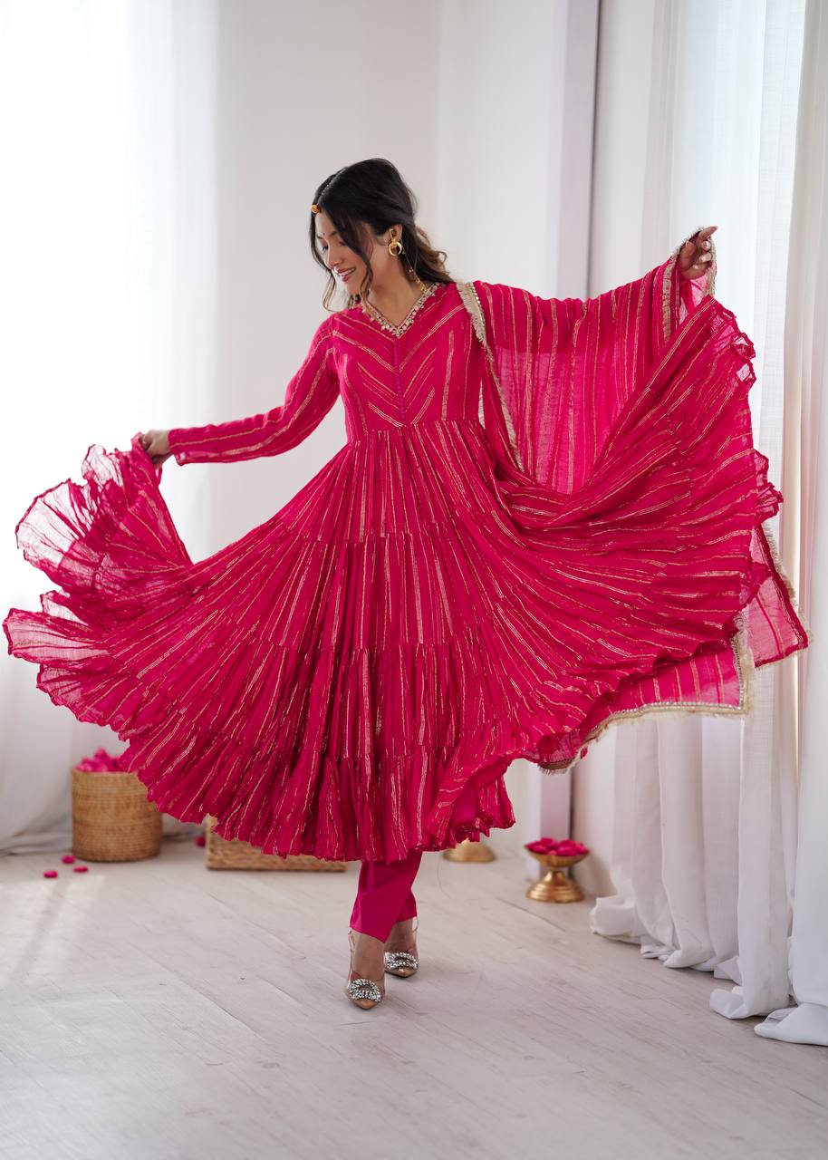 Prazu Fashion Pink Mal Chanderi Silk Real Mirror With Hand Work Anarkali Suit