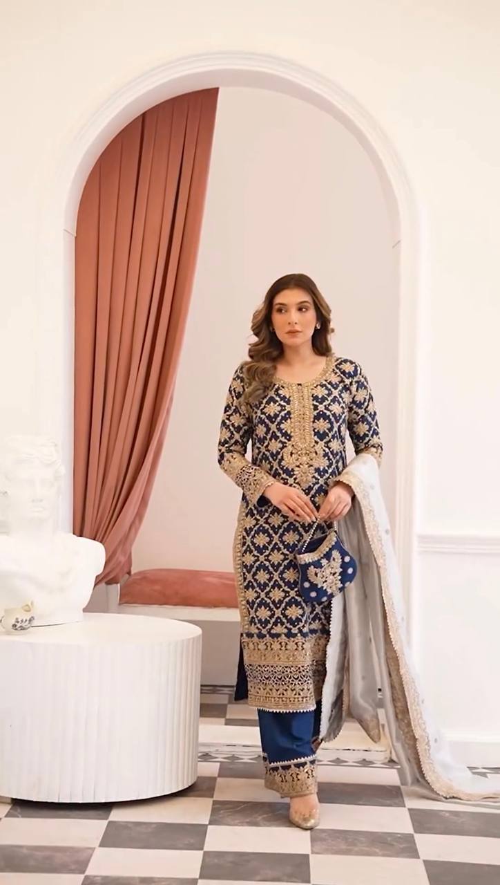 Blue Georgette Salwar Suit with Chain Stitch and Sequins Work