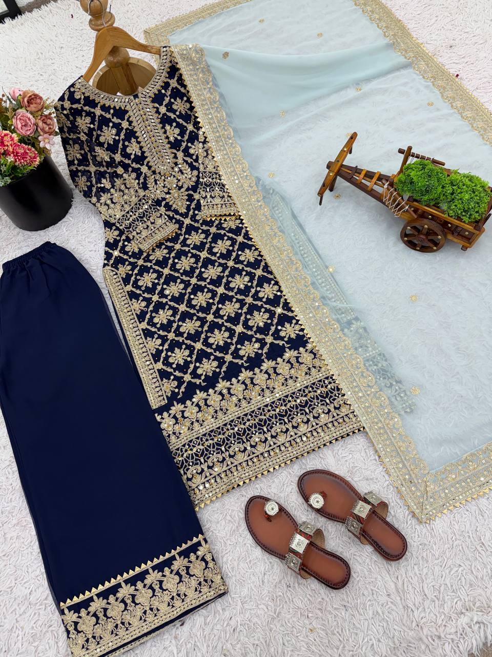 Blue Georgette Salwar Suit with Chain Stitch and Sequins Work