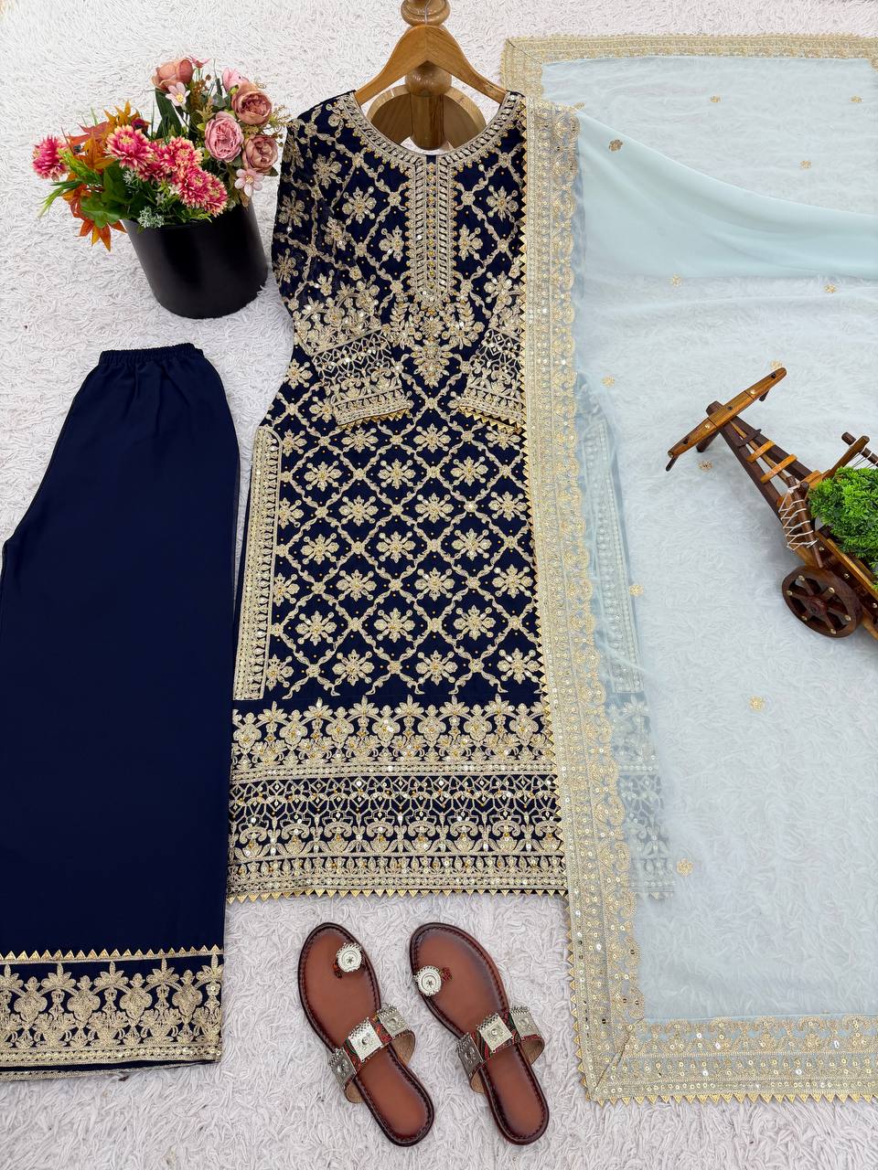 Blue Georgette Salwar Suit with Chain Stitch and Sequins Work