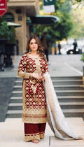 Prazu Fashion Maroon Georgette Chain Stitch Embroidered Sequins Beads Work Salwar Suit
