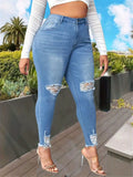 Women's Blue High Rise Ripped Skinny Jeans Distressed Denim - Image 5