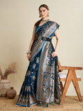 Deep Teal Blue satin wedding saree with shimmering zari motifs and an elaborate pallu.