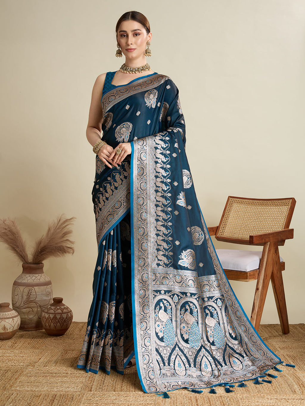 Deep Teal Blue Satin Wedding Saree with All Over Jari Motifs