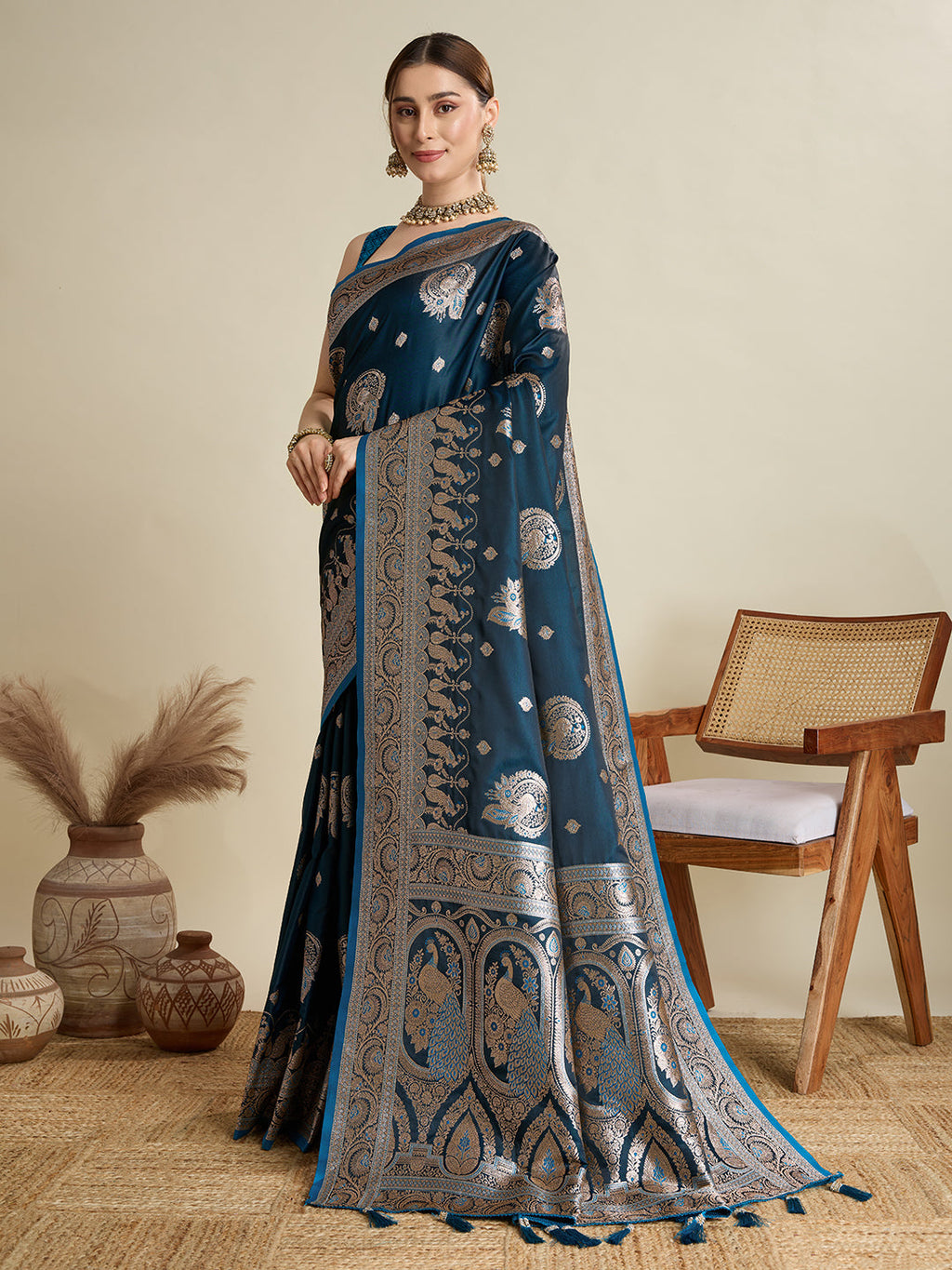 Deep Teal Blue Satin Wedding Saree with All Over Jari Motifs