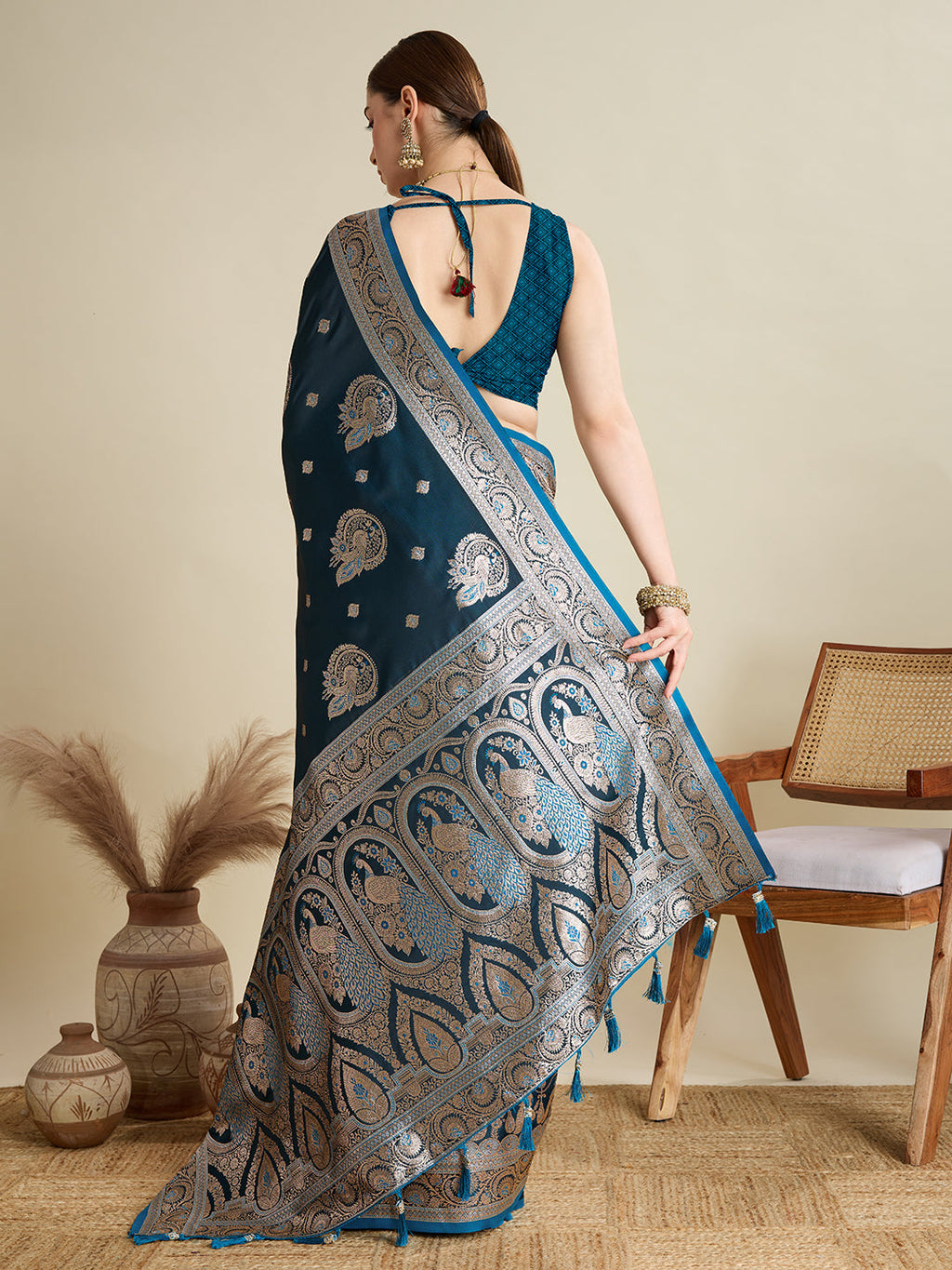 Deep Teal Blue Satin Wedding Saree with All Over Jari Motifs