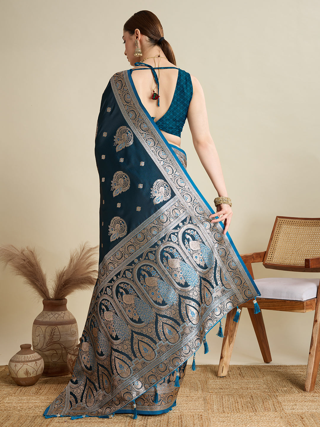 Deep Teal Blue Satin Wedding Saree with All Over Jari Motifs