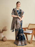 Deep Blue Satin Wedding Saree with Jari Motifs and Blouse