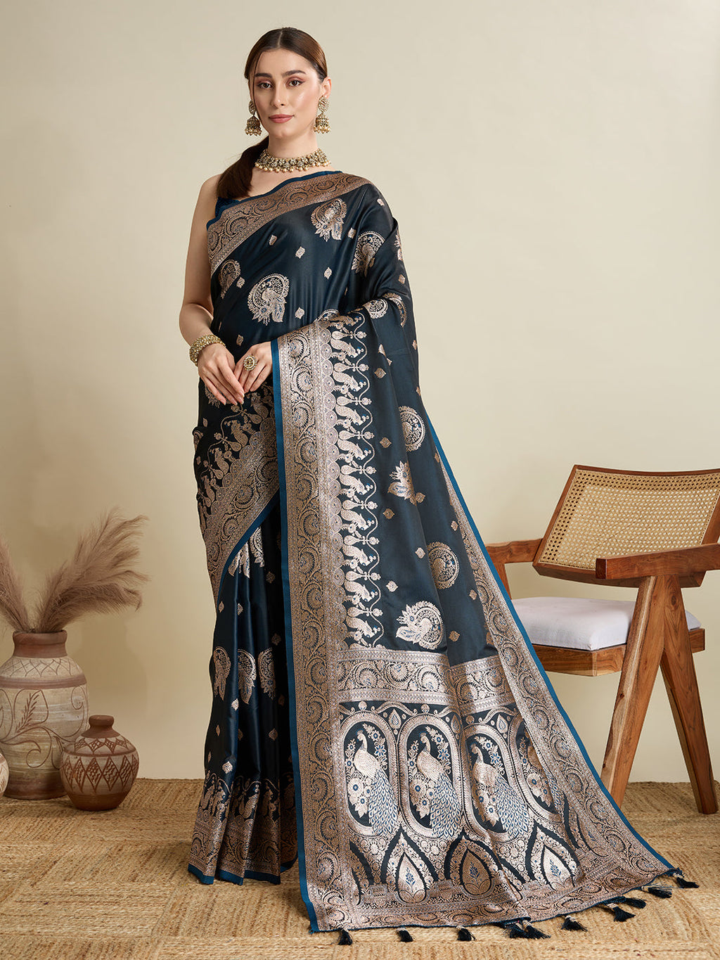 Deep Blue satin wedding saree with intricate Jari motifs and blouse piece