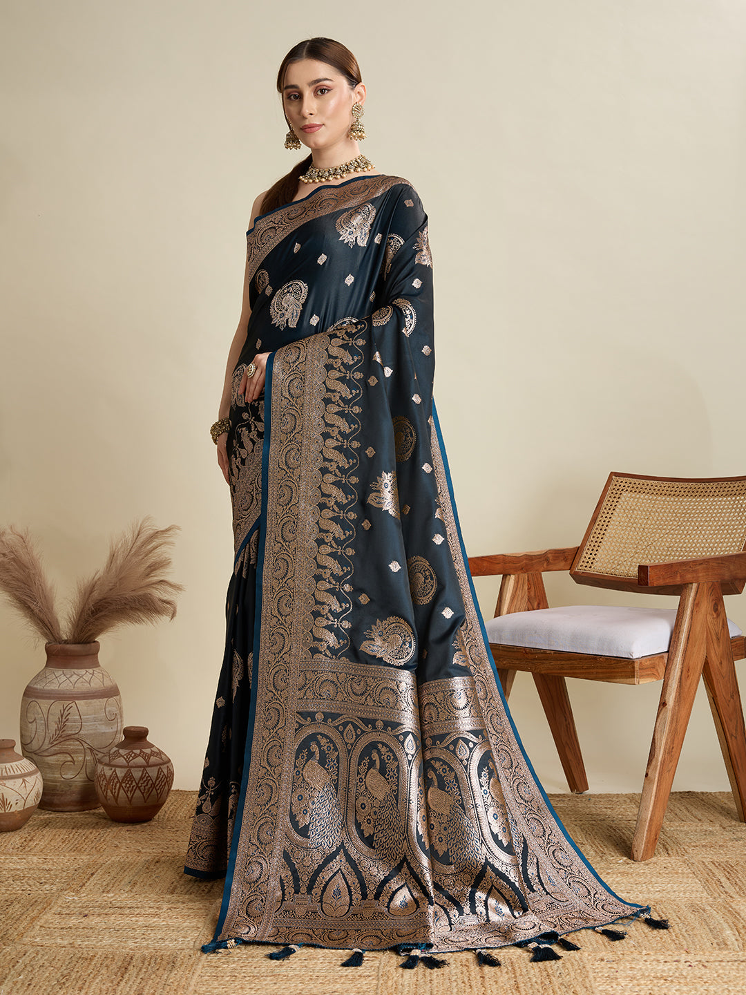 Deep Blue Satin Wedding Saree with Jari Motifs and Blouse
