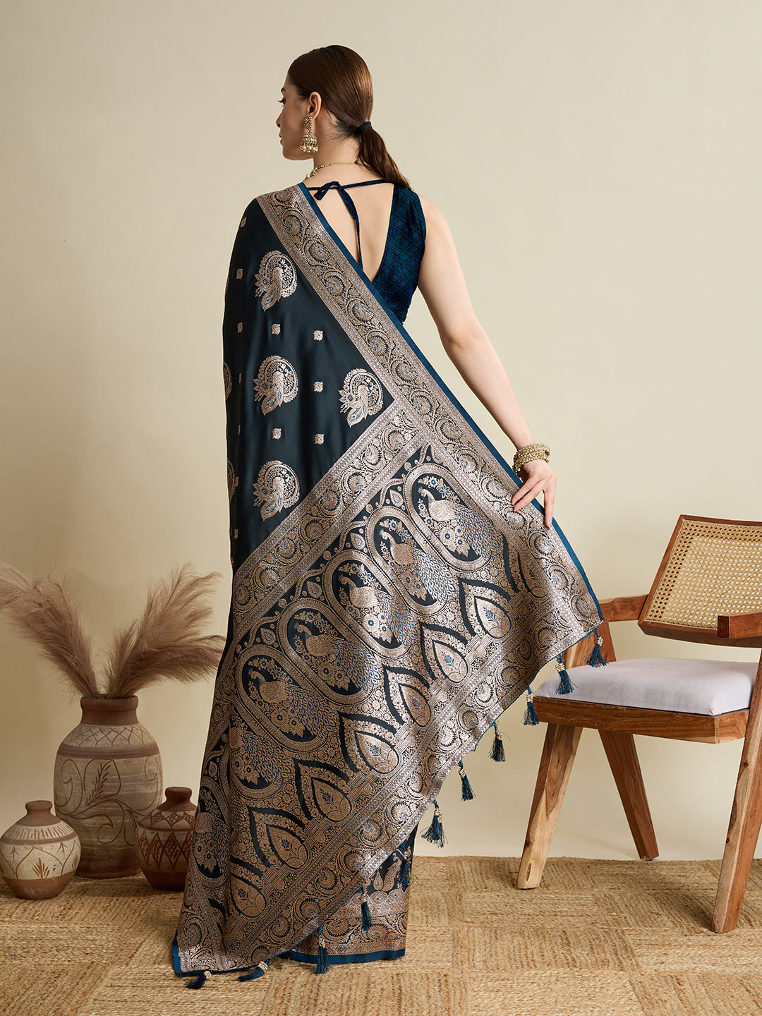 Deep Blue Satin Wedding Saree with Jari Motifs and Blouse