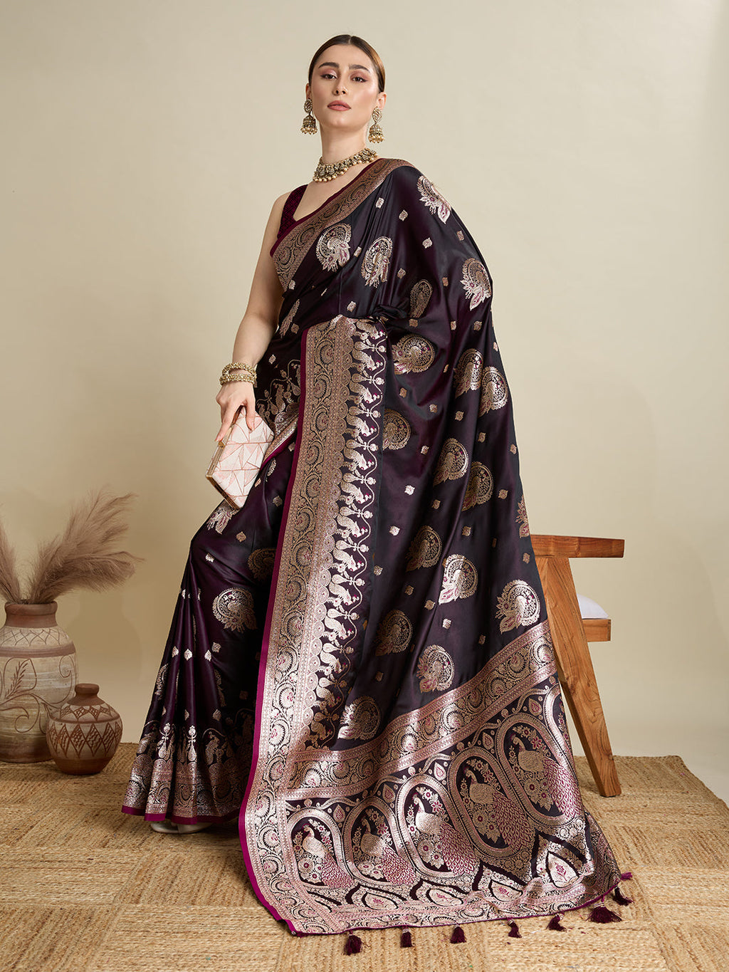 Deep Wine Satin Saree with Jari Motifs and Unstitched Blouse