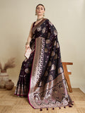 Deep Wine Satin Saree with Jari Motifs and Unstitched Blouse