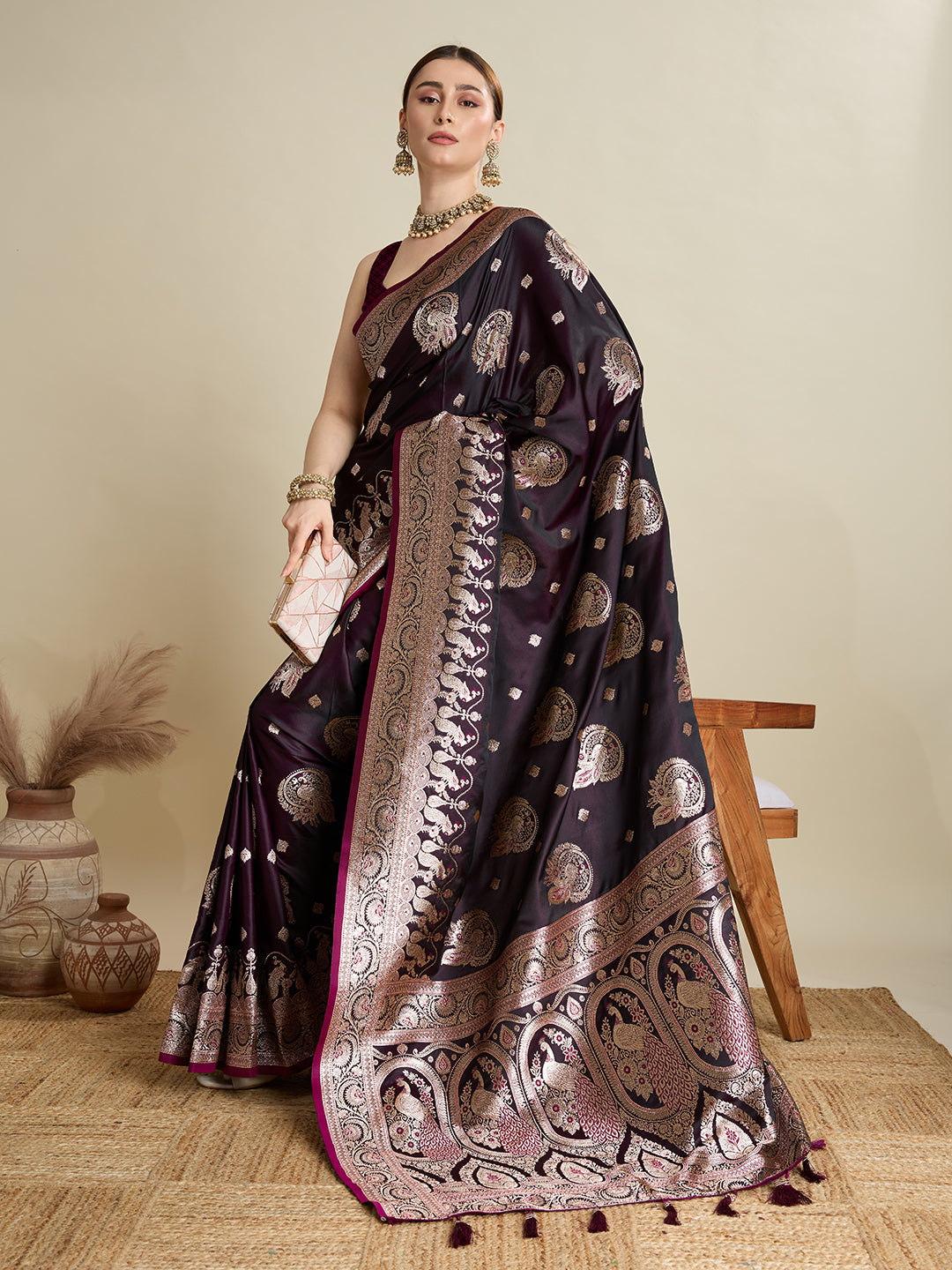 Deep Wine Satin Saree with Jari Motifs and Unstitched Blouse