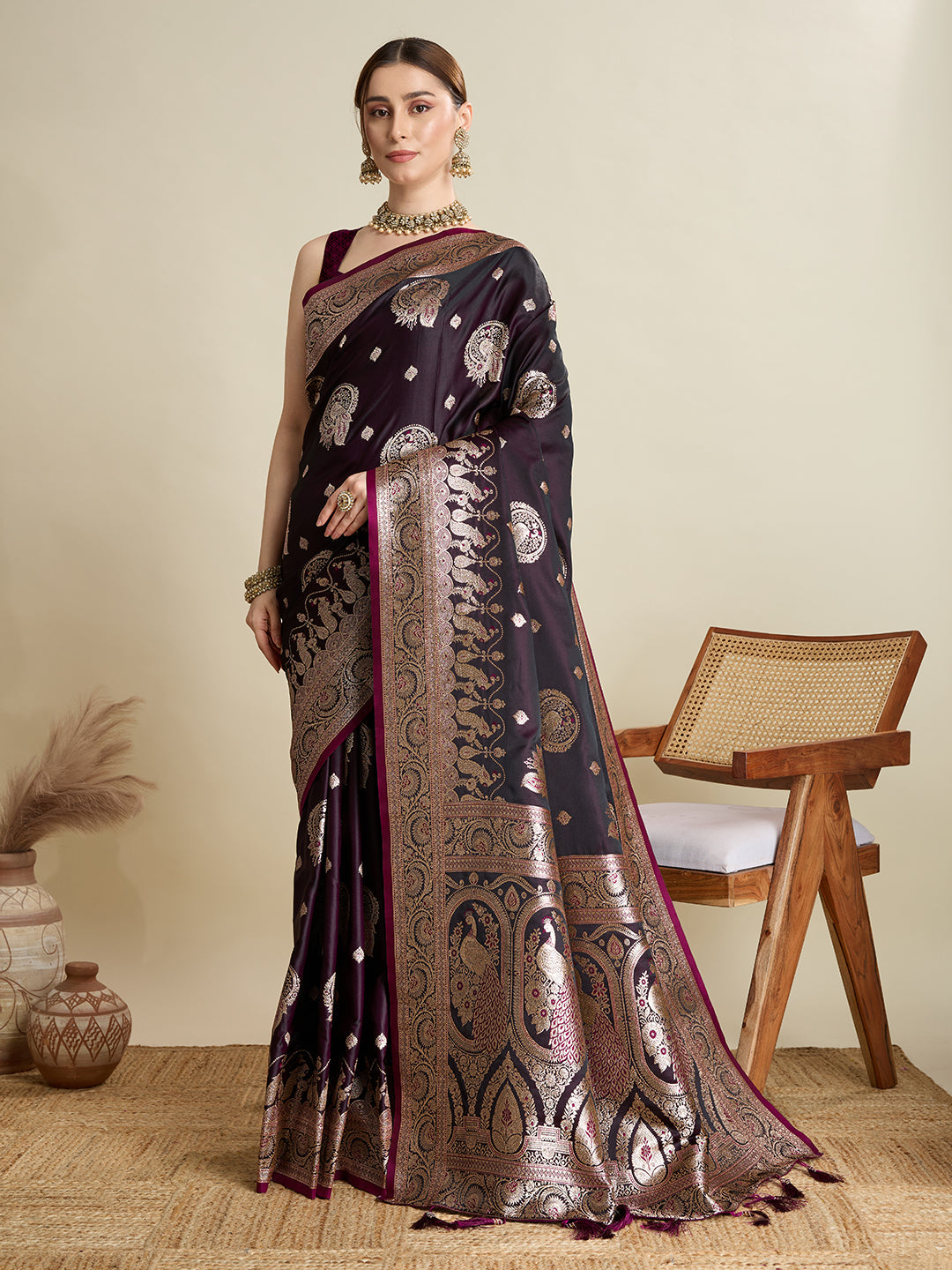 Deep Wine satin saree with elegant Jari motifs and matching unstitched blouse.