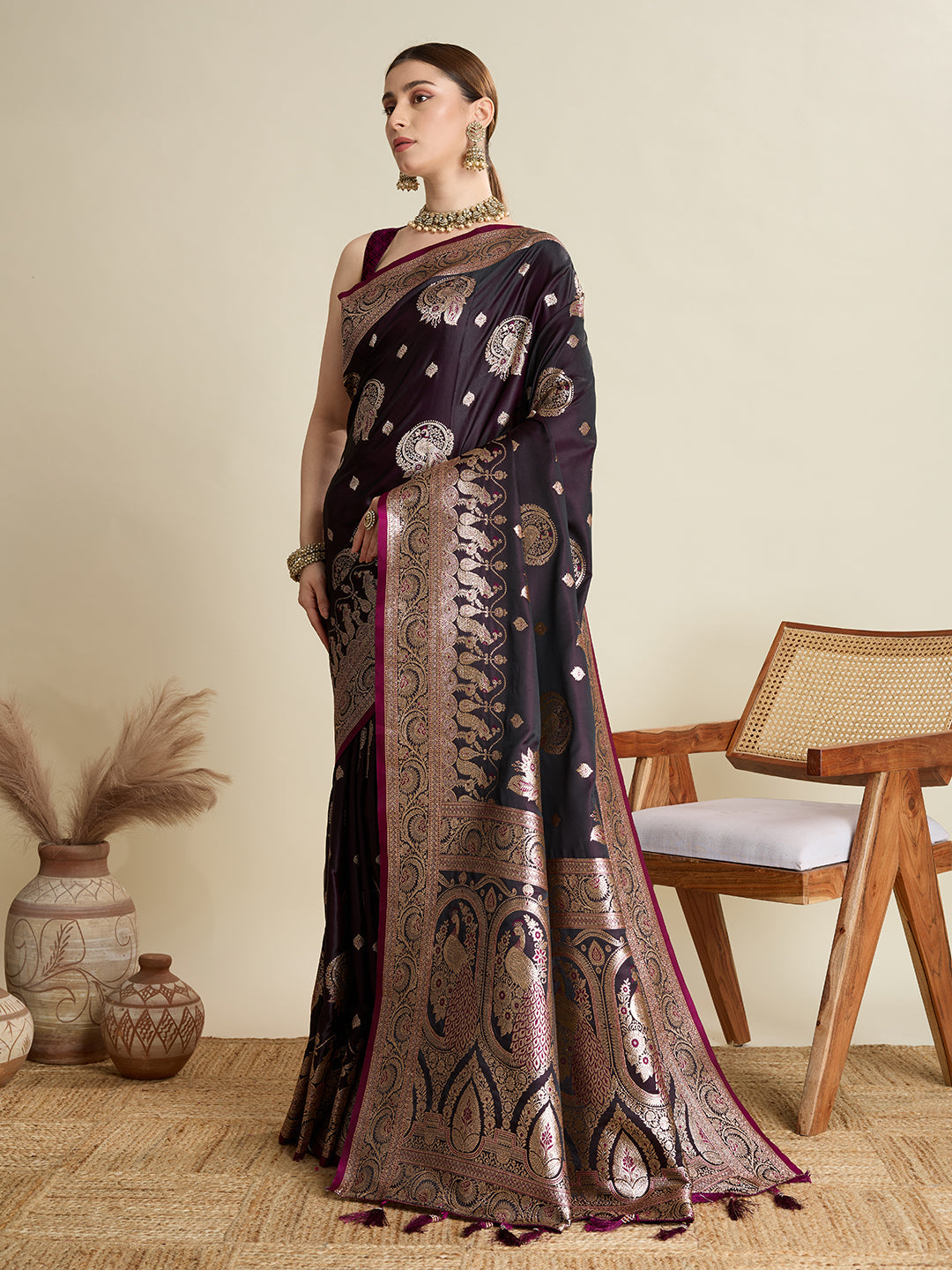 Deep Wine Satin Saree with Jari Motifs and Unstitched Blouse