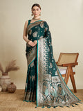 Green satin wedding saree with gold jari motifs and unstitched blouse