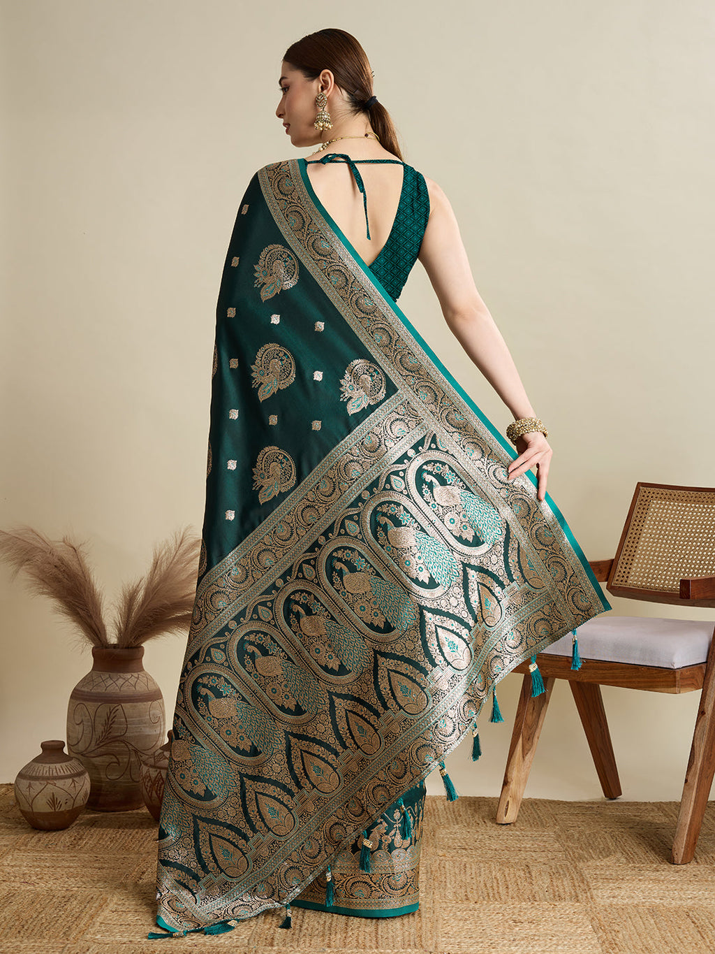 Green Satin Saree with All Over Jari Motifs and Unstitched Blouse
