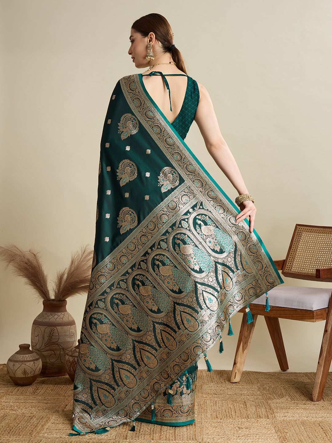Green Satin Saree with All Over Jari Motifs and Unstitched Blouse