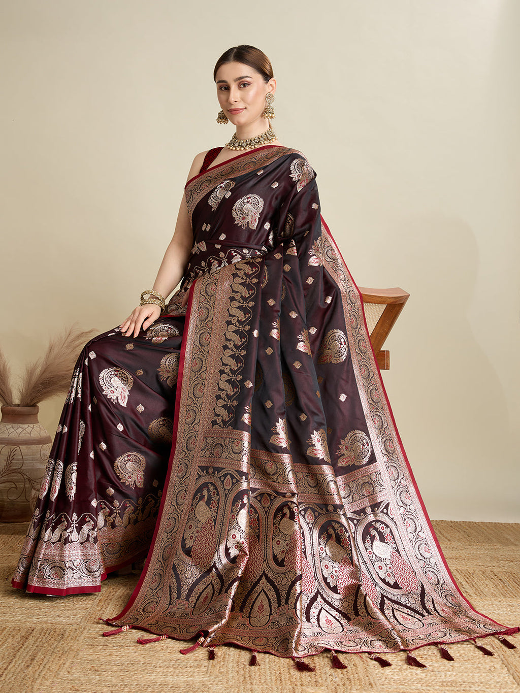 Deep Maroon Satin Saree with Jari Motifs and Paithani Silk Blouse