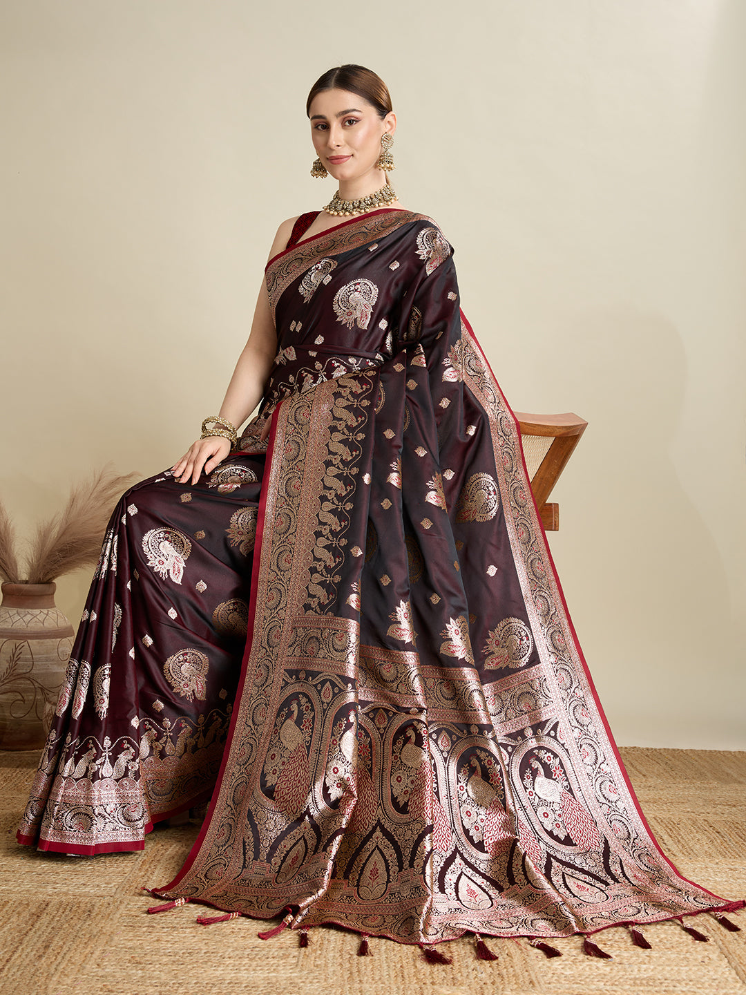 Deep Maroon Satin Saree with Jari Motifs and Paithani Silk Blouse